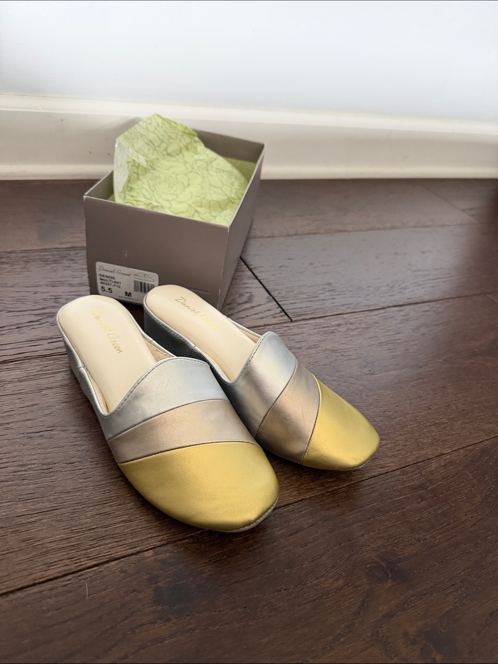 Daniel Green Two-Tone Metallic Slip-On Mules — Gold & Silver